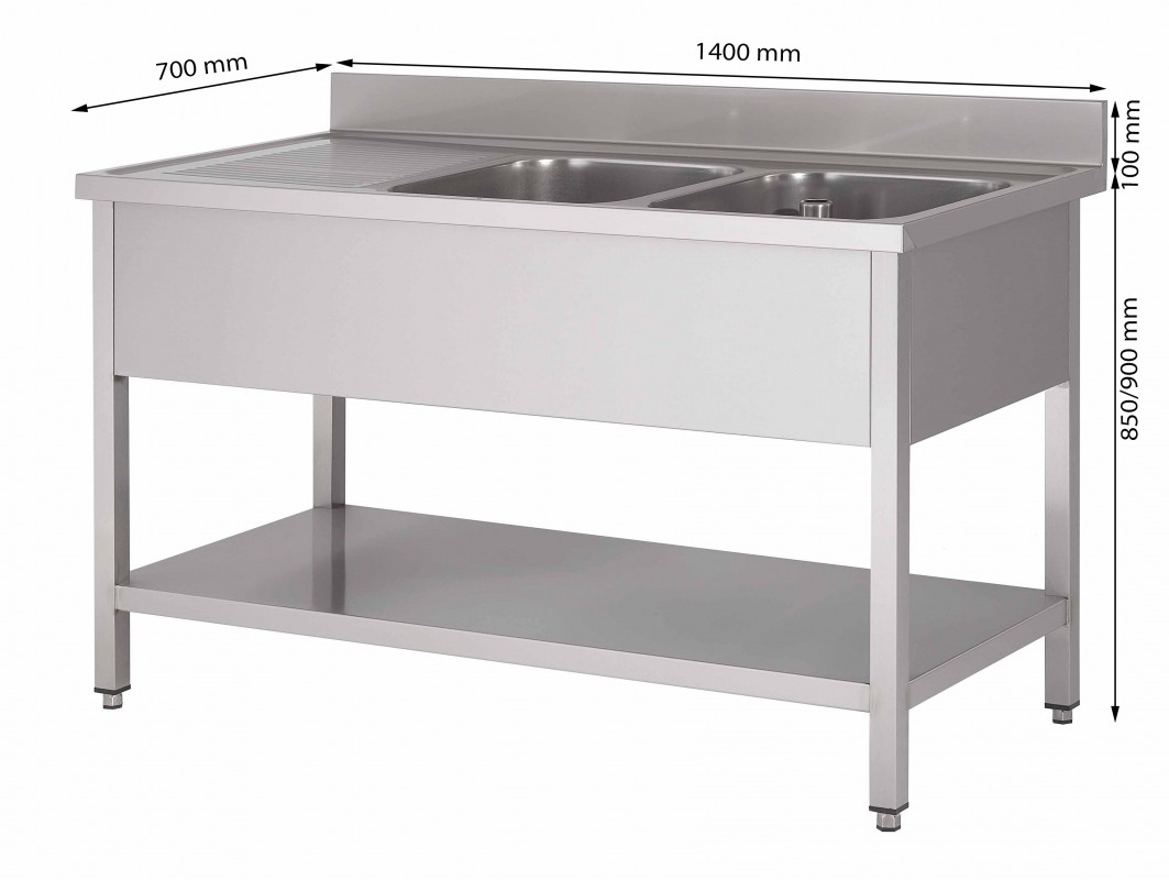 plonge sur piètement avec étagère inférieure, place pour lave-vaisselle, 2 bacs à gauche, 1800x700 m